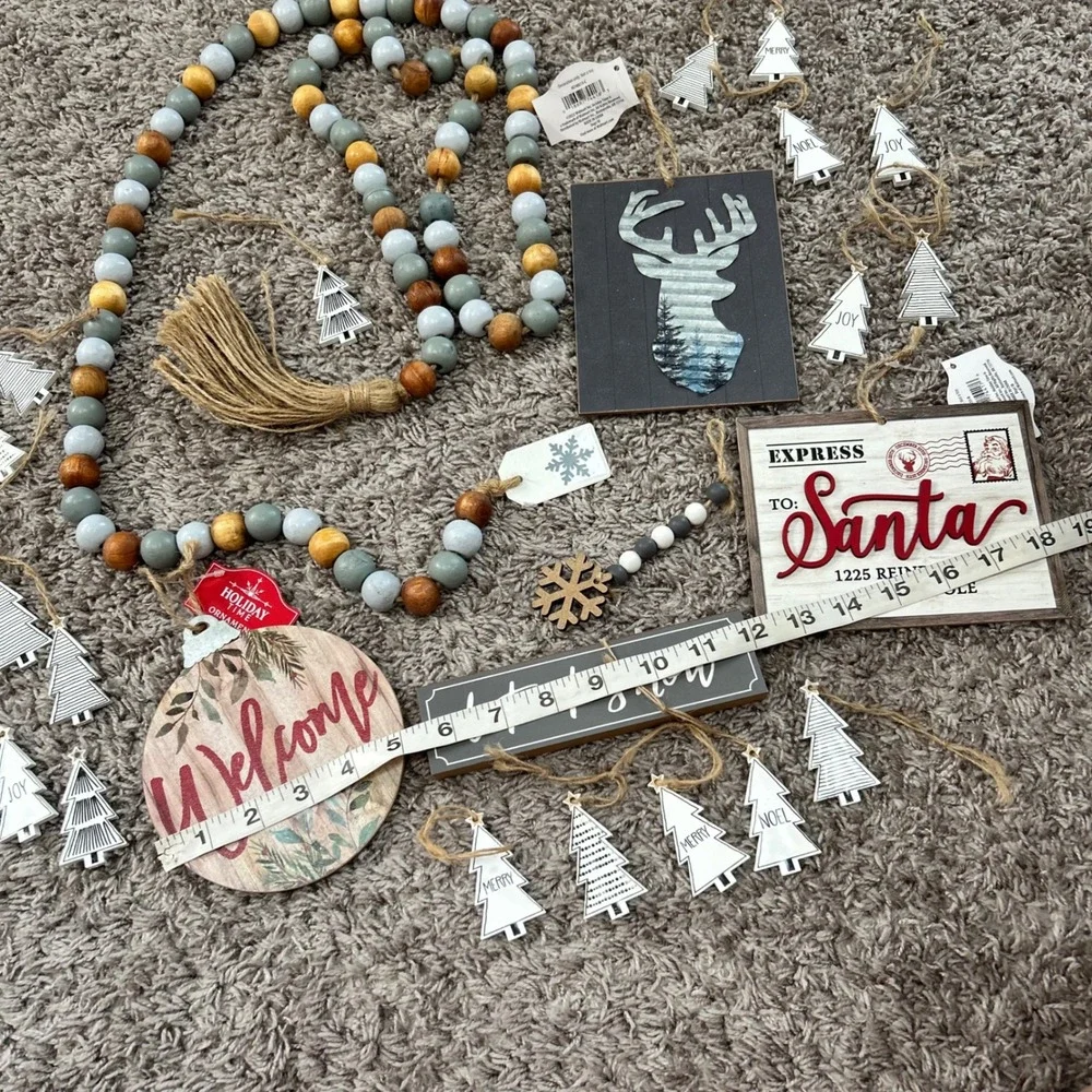 Holiday Time Rustic Farmhouse Christmas Decor Bundle Bead Garland Signs Ornament